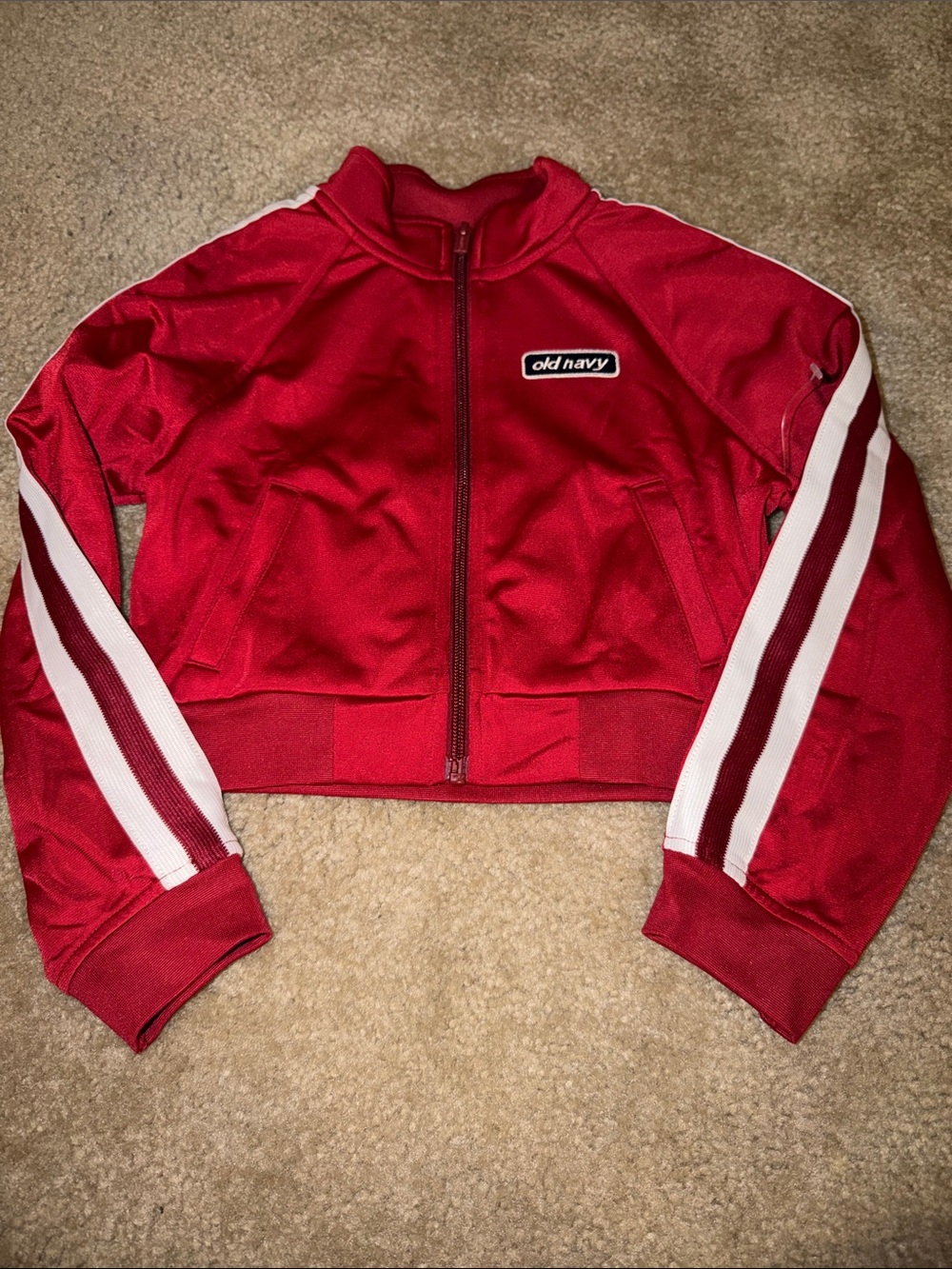 Old Navy Red Track Jacket with White Stripe Sleeves